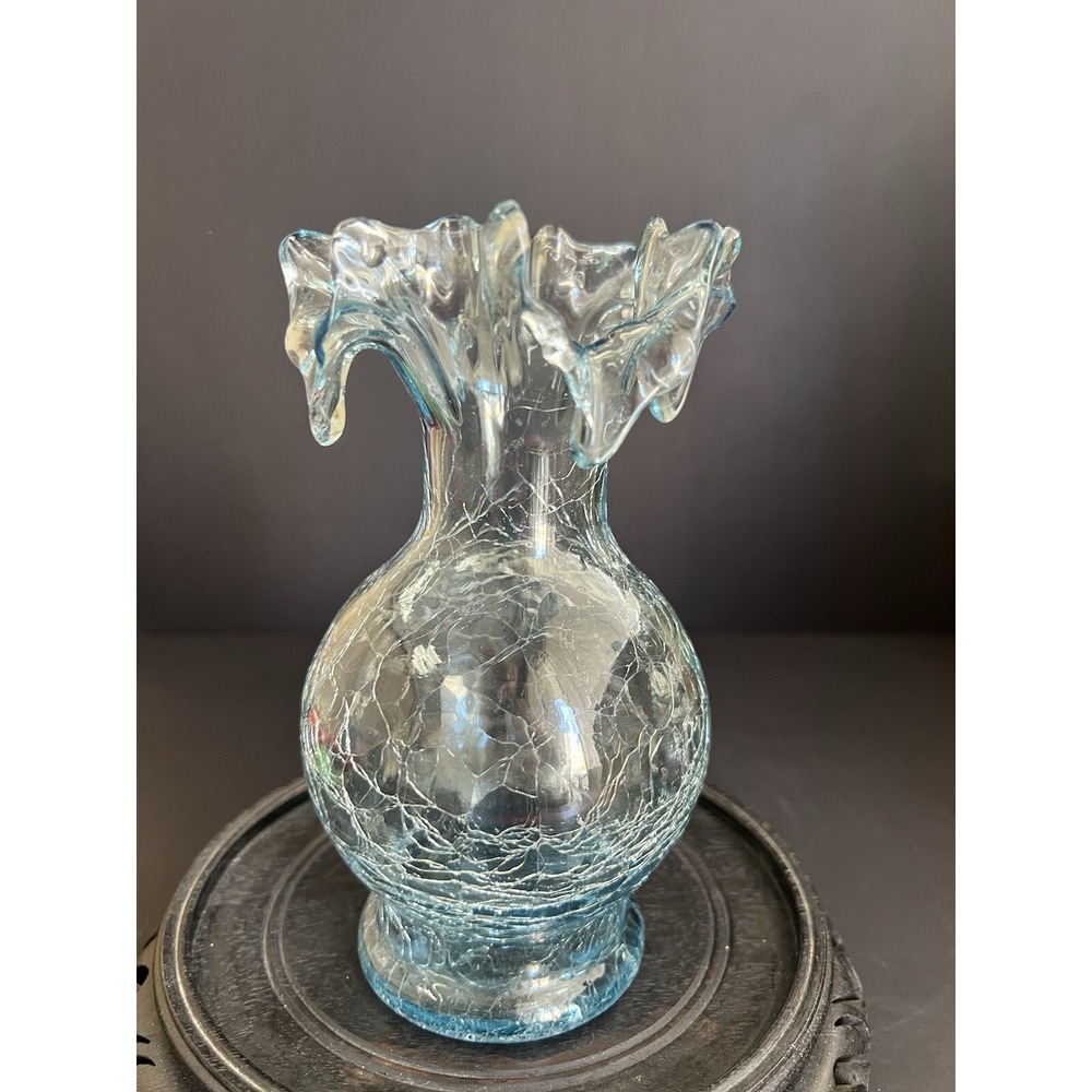 Blue Ruffle Rim Crackle Blown Glass 6 1/2" Vase Super Cute (698)